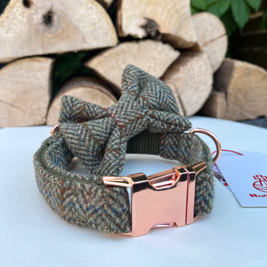 Harris Tweed® Heritage Khaki Green Herringbone Dog Collar Bow & Lead Set Hunter & Co.