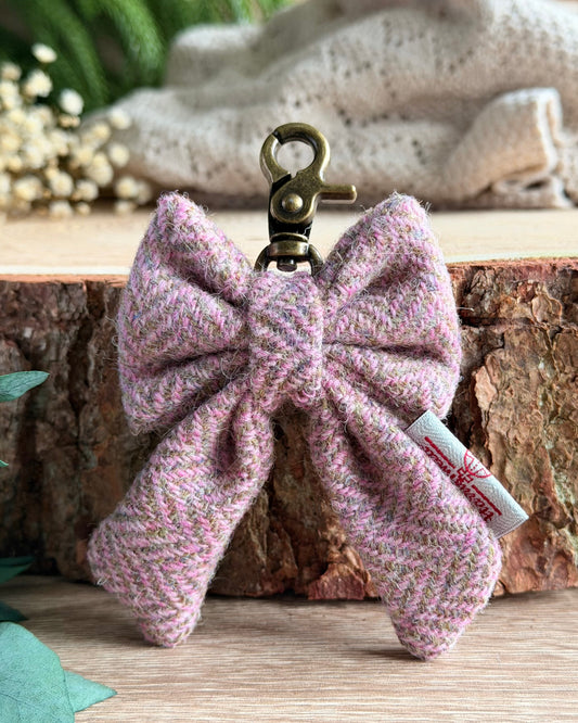 Harris Tweed® Bow Keyring | Bag Charm | Heritage Pink Green Herringbone Dash Of Hounds