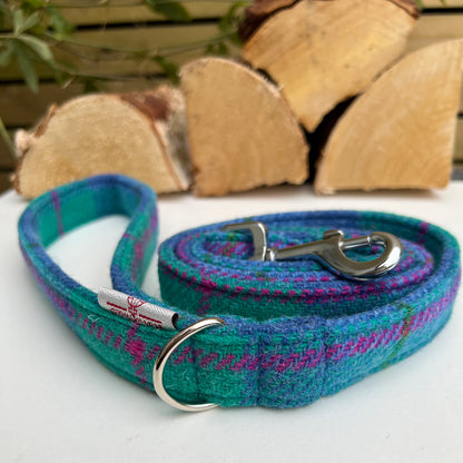 Harris Tweed® Tropical Sunset Blue Turquoise Pink Dog Collar Bow & Lead Set Dash Of Hounds