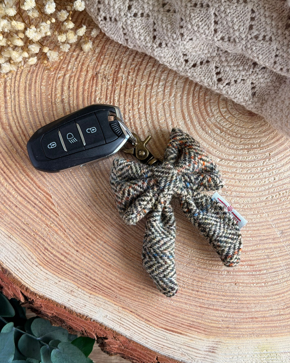 Harris Tweed® Bow Keyring | Bag Charm | Heritage Brown Herringbone Dash Of Hounds
