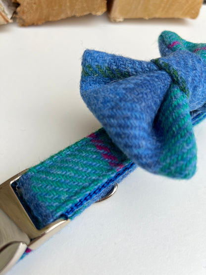 Harris Tweed® Tropical Sunset Blue Turquoise Pink Dog Collar Bow & Lead Set Dash Of Hounds