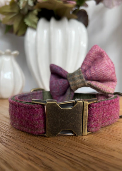 Mauve Meadow Check Pink Tweed Dog Collar Bow & Lead Set Dash Of Hounds