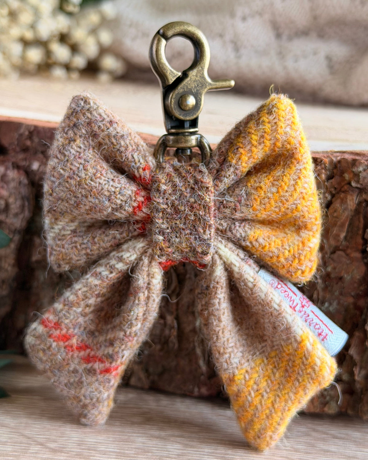 Harris Tweed® Bow Keyring | Bag Charm | Natural Yellow Check Dash Of Hounds