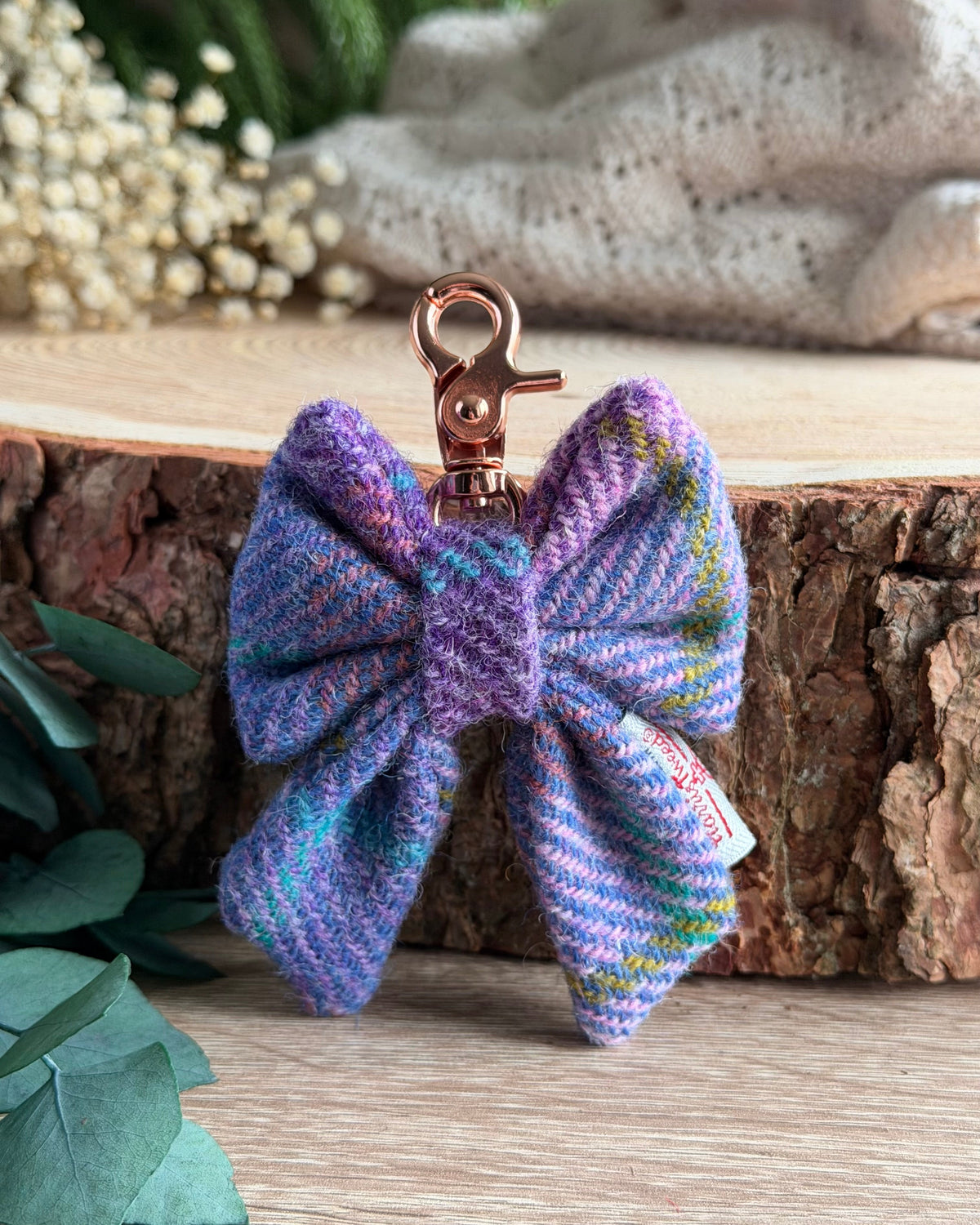 Harris Tweed® Bow Key Ring | Bag Charm | Pink Lilac Dash Of Hounds