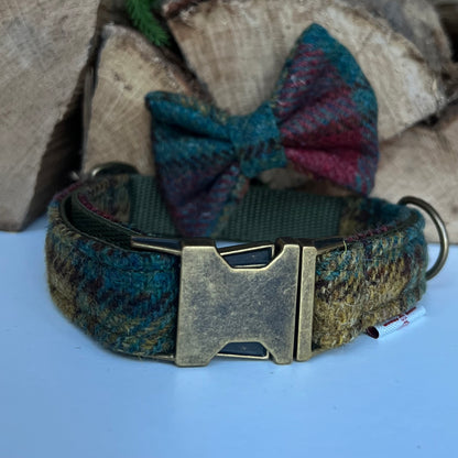 Harris Tweed® Autumn Highland Teal Dog Collar Bow & Lead Set