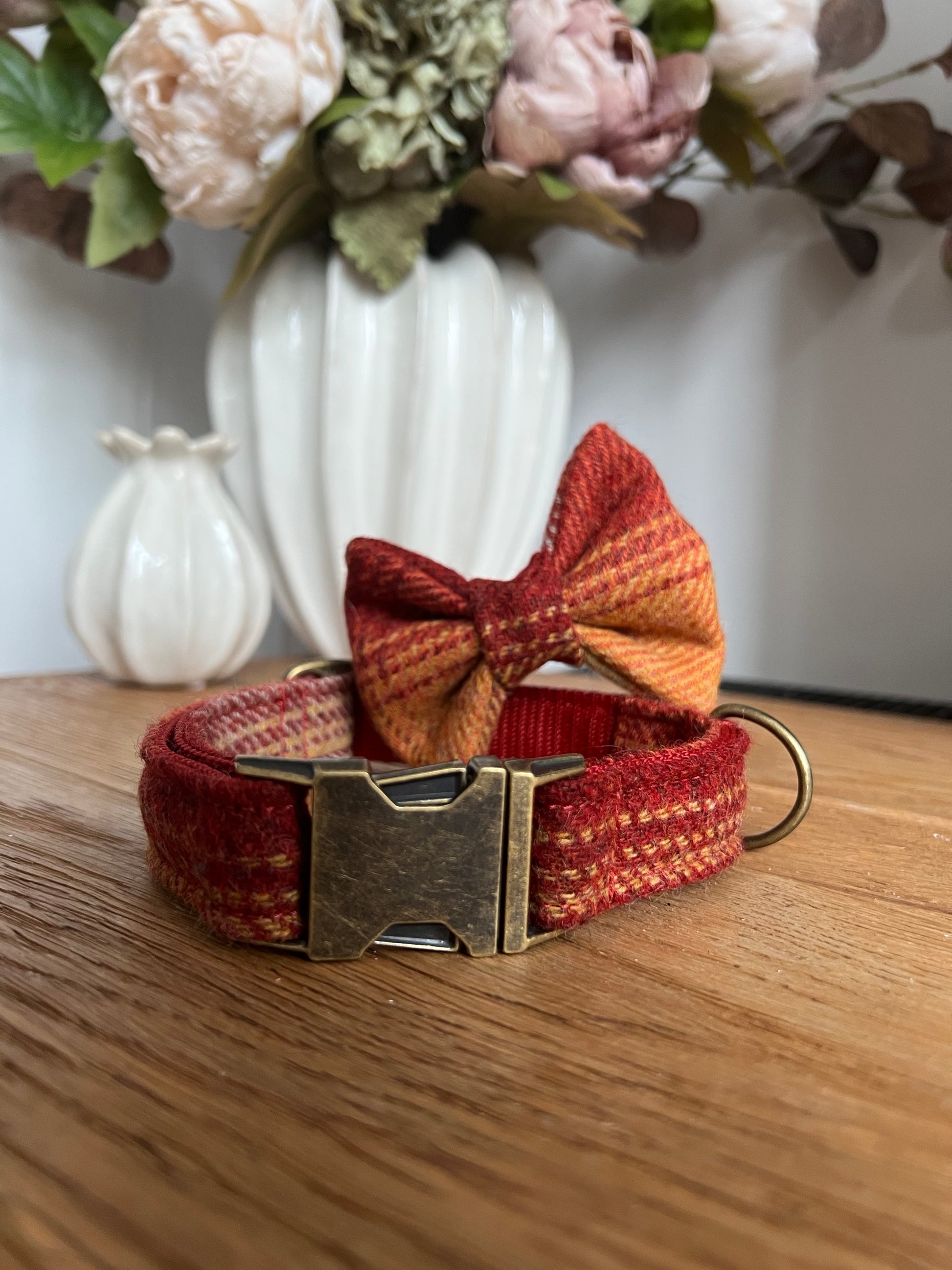 Pumpkin Spice Orange Tweed Dog Collar Bow & Lead Set Dash Of Hounds