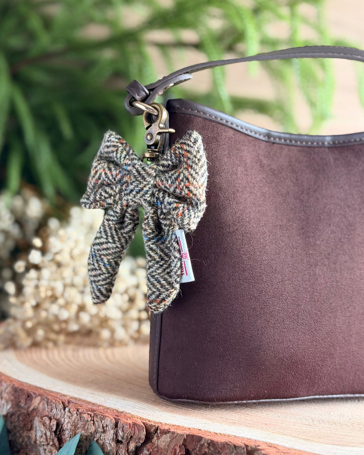 Harris Tweed® Bow Keyring | Bag Charm | Heritage Brown Herringbone Dash Of Hounds