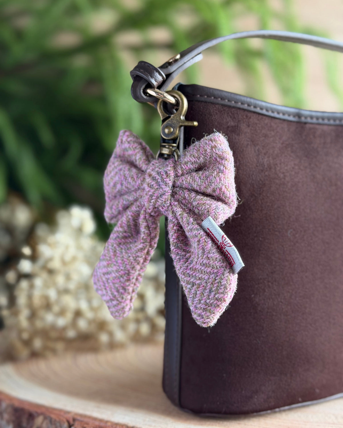 Harris Tweed® Bow Keyring | Bag Charm | Heritage Pink Green Herringbone Dash Of Hounds