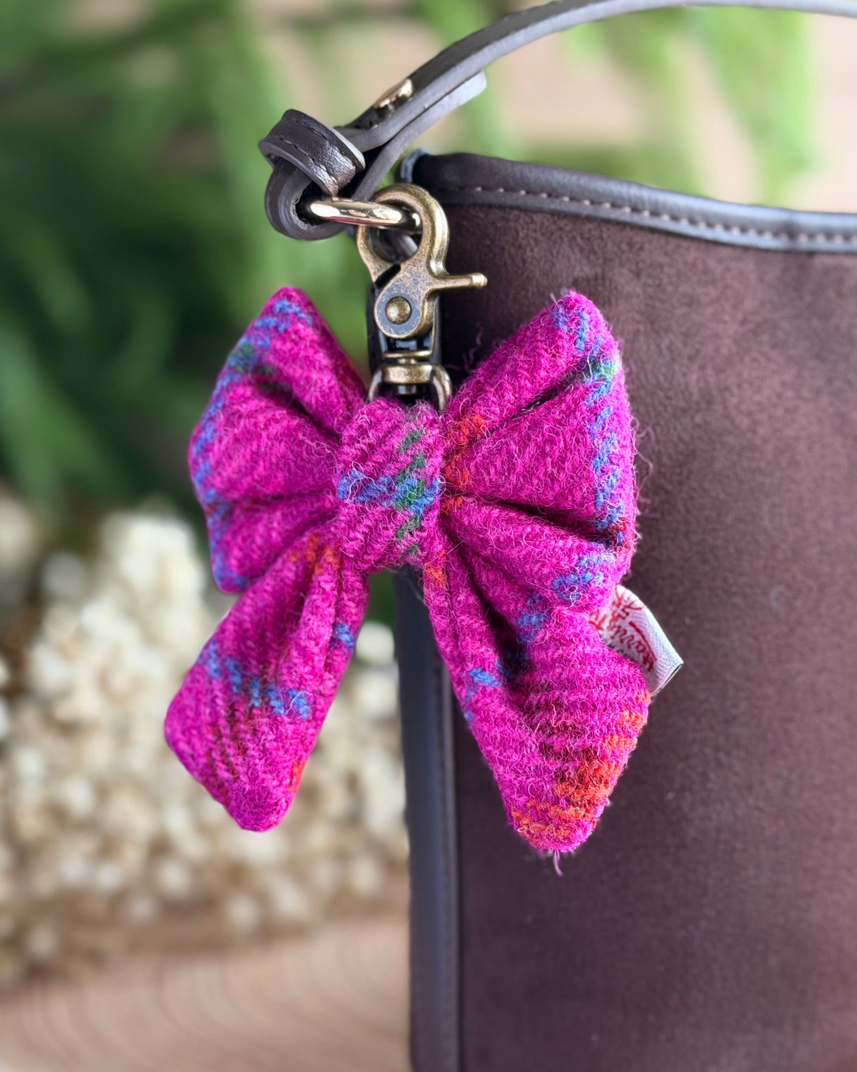 Harris Tweed® Bow Keyring | Bag Charm | Cerise Pink Dash Of Hounds