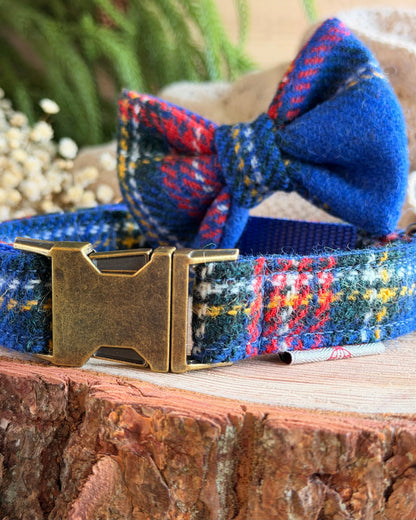 Harris Tweed® Royal Blue Tartan Check Tweed Dog Collar Bow & Lead Set Dash Of Hounds