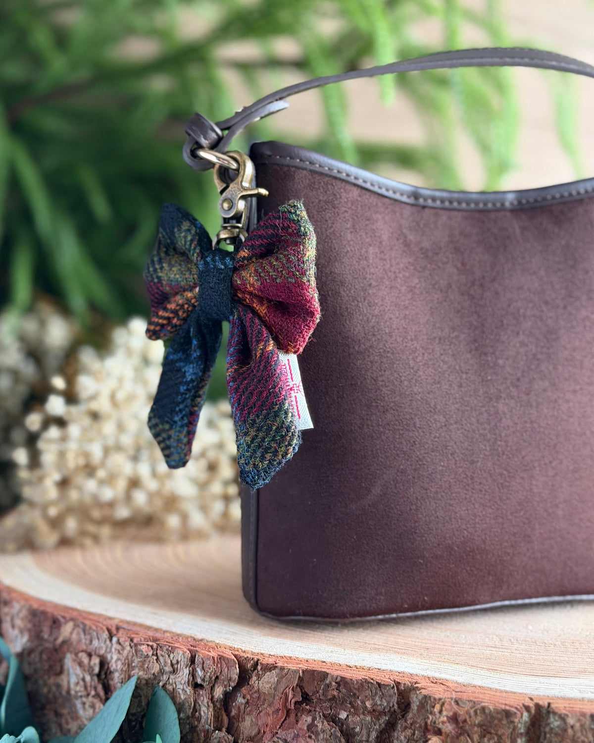 Harris Tweed® Bow Keyring | Bag Charm | Autumn Brown Check Dash Of Hounds