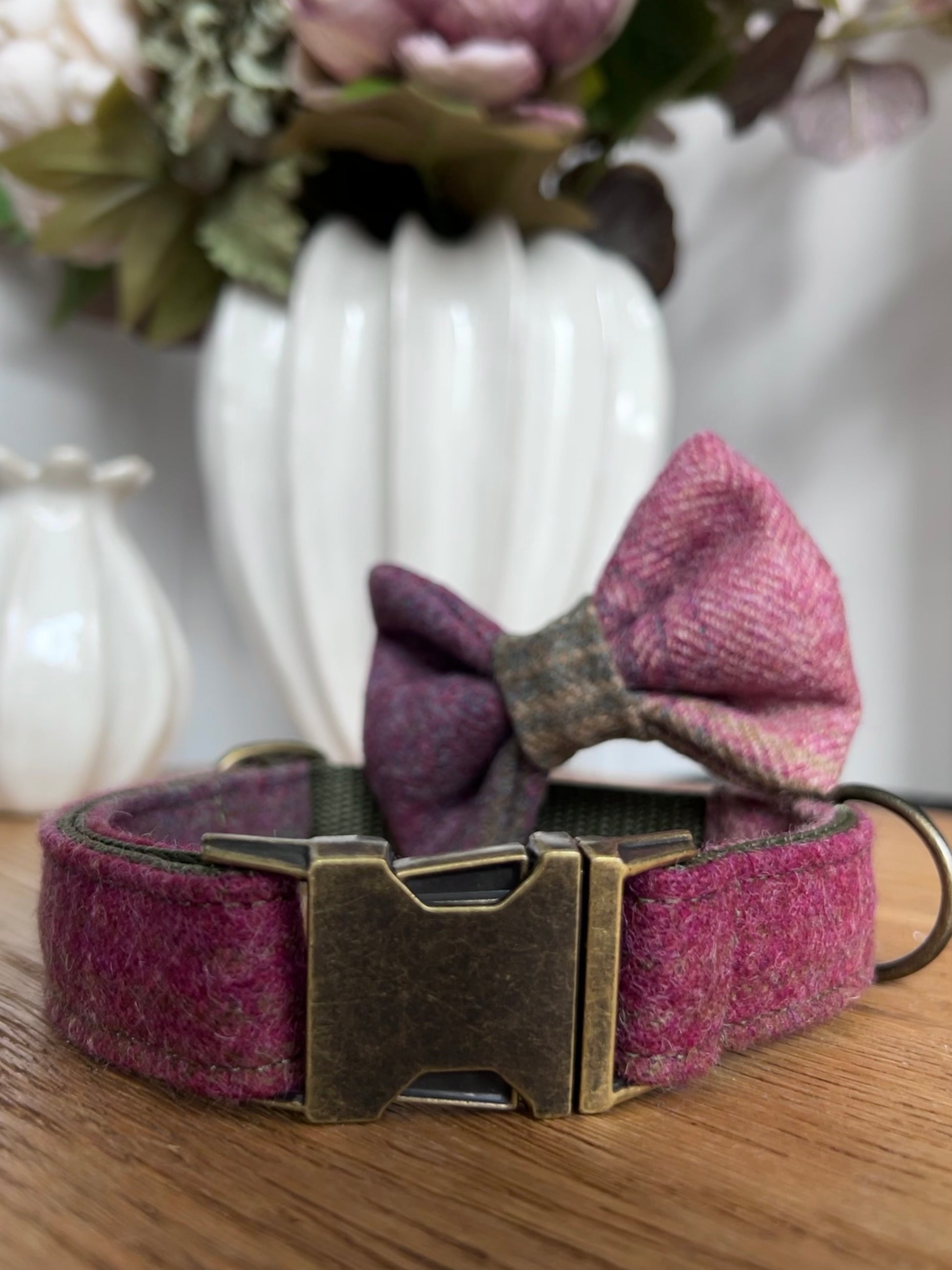 Mauve Meadow Check Pink Tweed Dog Collar Bow & Lead Set Dash Of Hounds