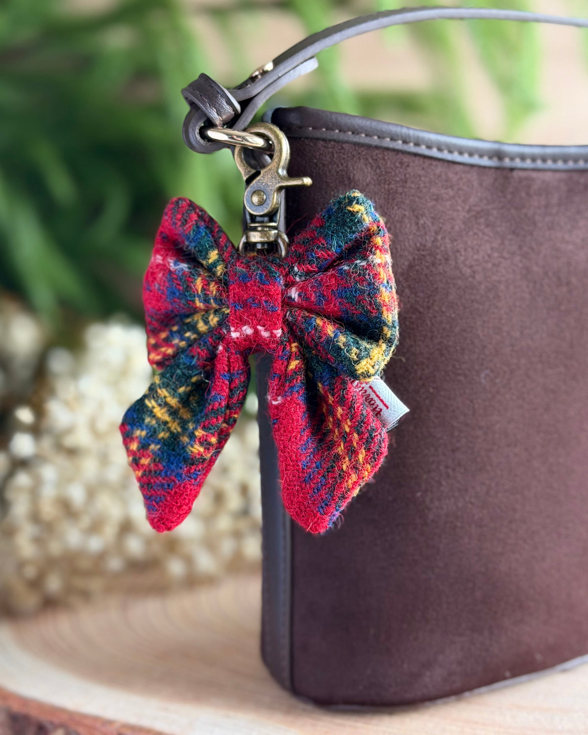 Harris Tweed® Bow Keyring | Bag Charm | Red Tartan Check Dash Of Hounds