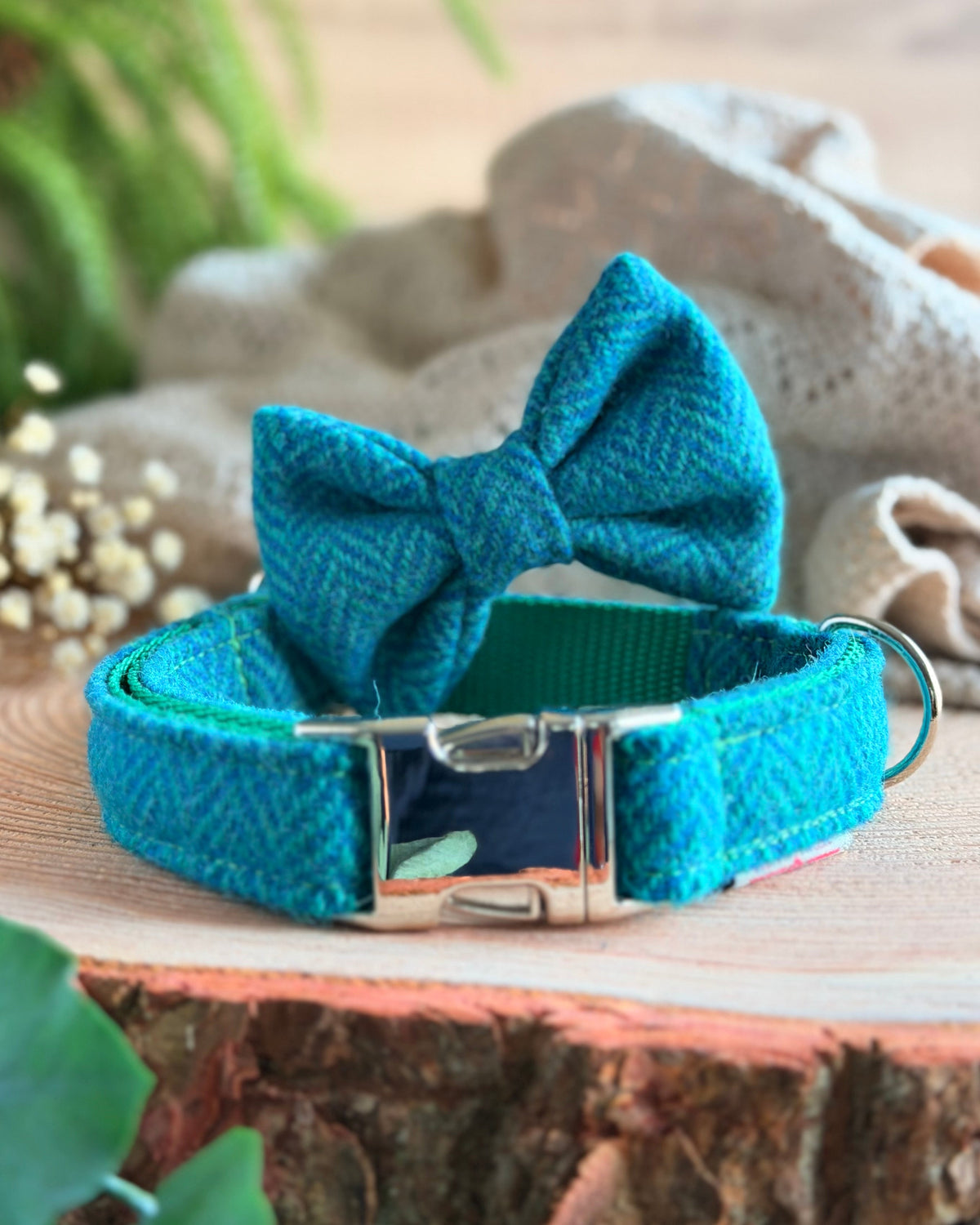Harris Tweed® Tropical Peacock Blue Turquoise Dog Collar Bow & Lead Set (Copy) Dash Of Hounds