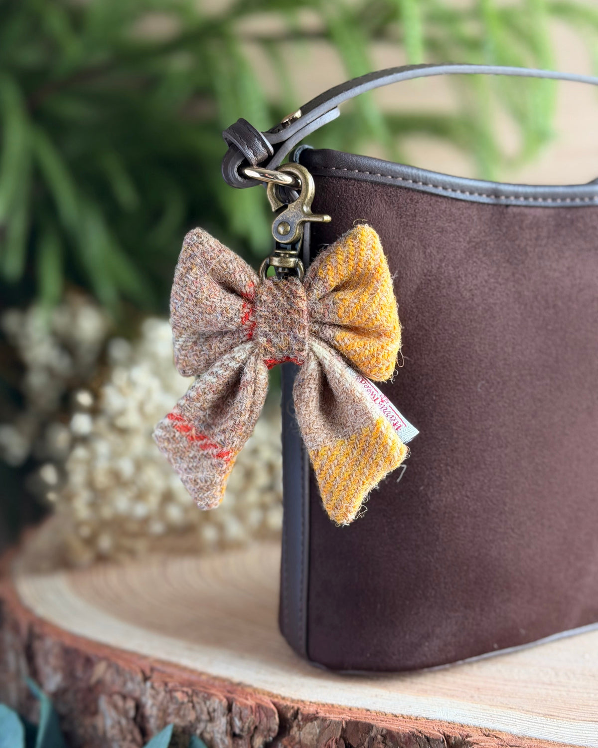 Harris Tweed® Bow Keyring | Bag Charm | Natural Yellow Check Dash Of Hounds