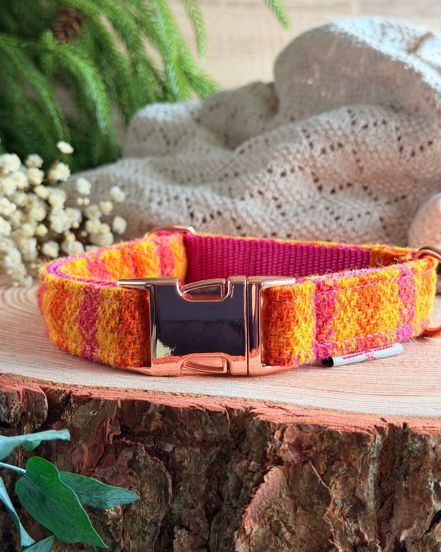 Harris Tweed® Fruit Salad Sorbert Orange Cerise Pink Tweed Dog Collar Bow & Lead Set (Copy) Dash Of Hounds