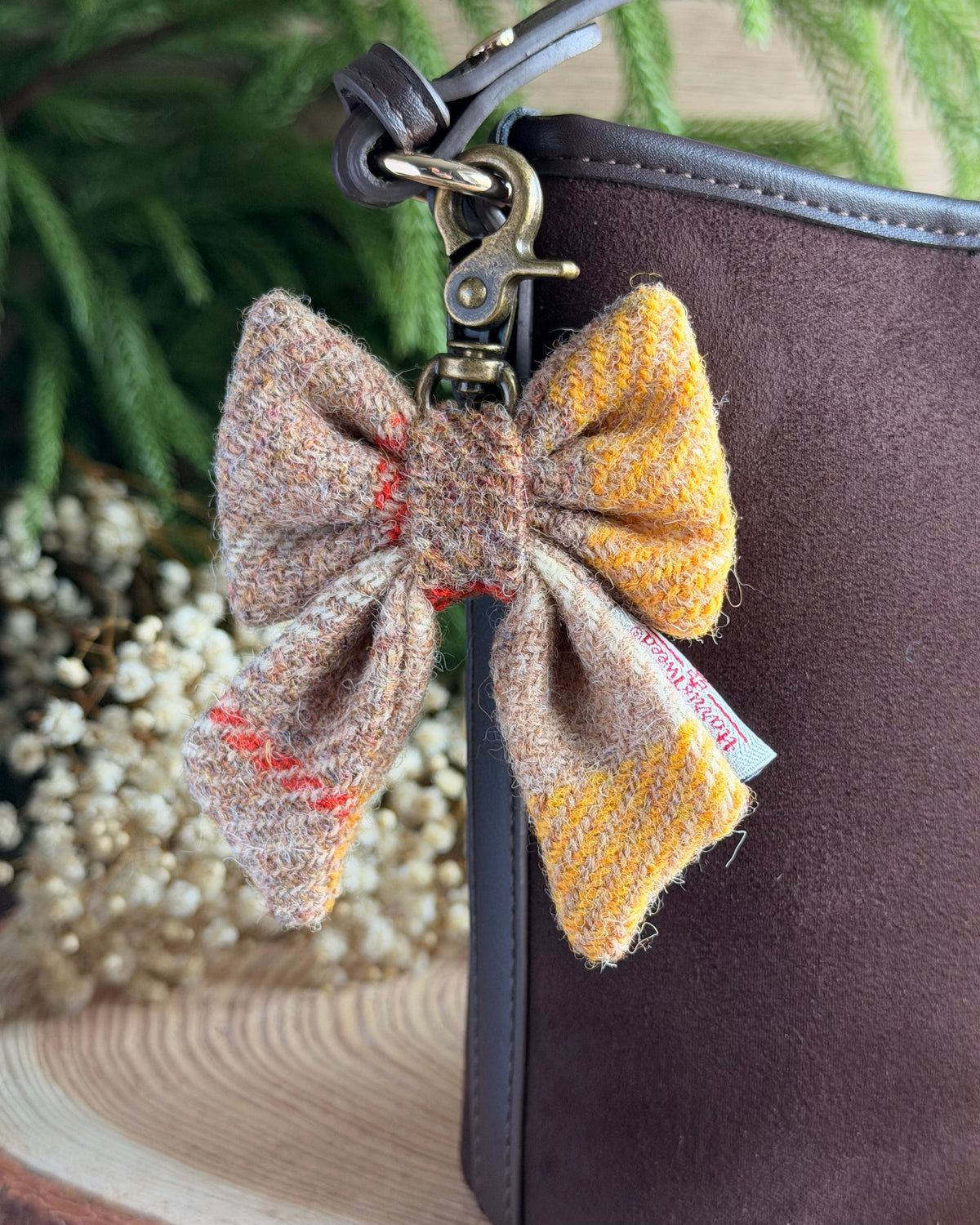 Harris Tweed® Bow Keyring | Bag Charm | Natural Yellow Check Dash Of Hounds