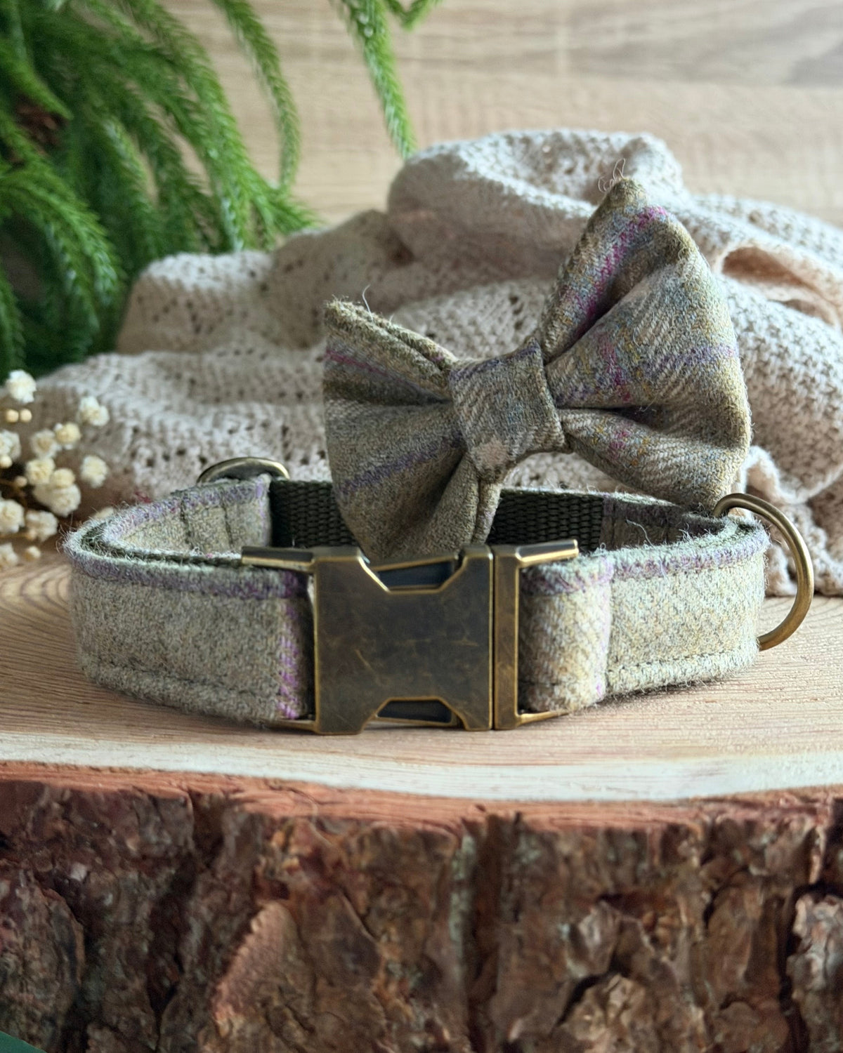 Meadow Green Tweed Dog Collar Bow & Lead Set Dash Of Hounds