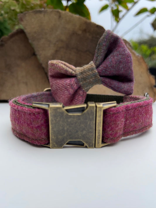 Mauve Meadow Check Pink Tweed Dog Collar Bow & Lead Set Dash Of Hounds