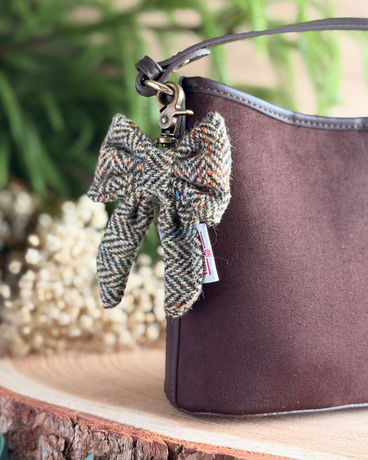 Harris Tweed® Bow Keyring | Bag Charm | Heritage Brown Herringbone Dash Of Hounds