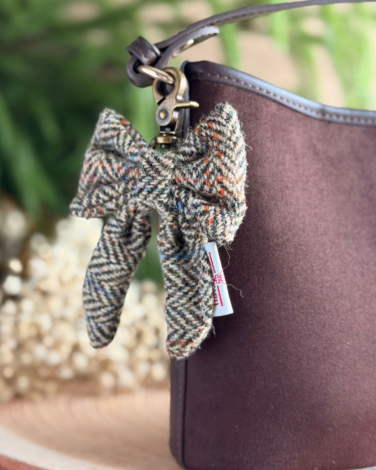 Harris Tweed® Bow Keyring | Bag Charm | Heritage Brown Herringbone Dash Of Hounds