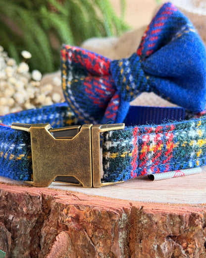 Harris Tweed® Royal Blue Tartan Check Tweed Dog Collar Bow & Lead Set Dash Of Hounds