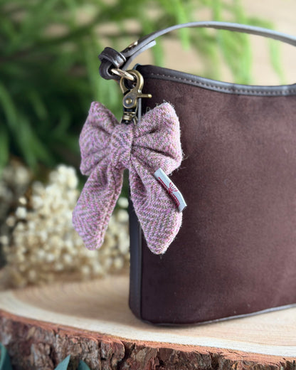Harris Tweed® Bow Keyring | Bag Charm | Heritage Pink Green Herringbone Dash Of Hounds