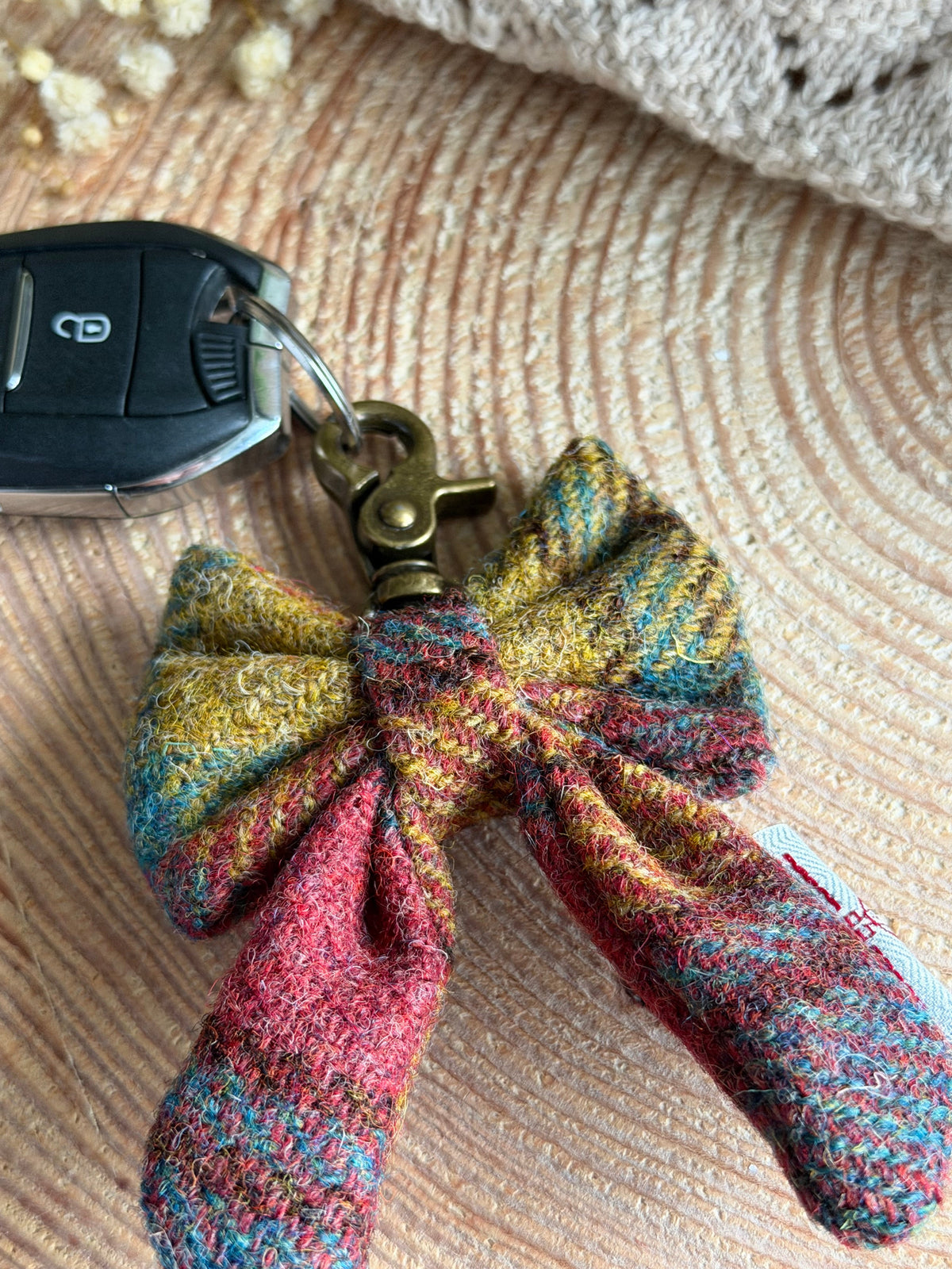 Harris Tweed® Bow Keyring | Bag Charm | Autumn Highland Teal Dash Of Hounds