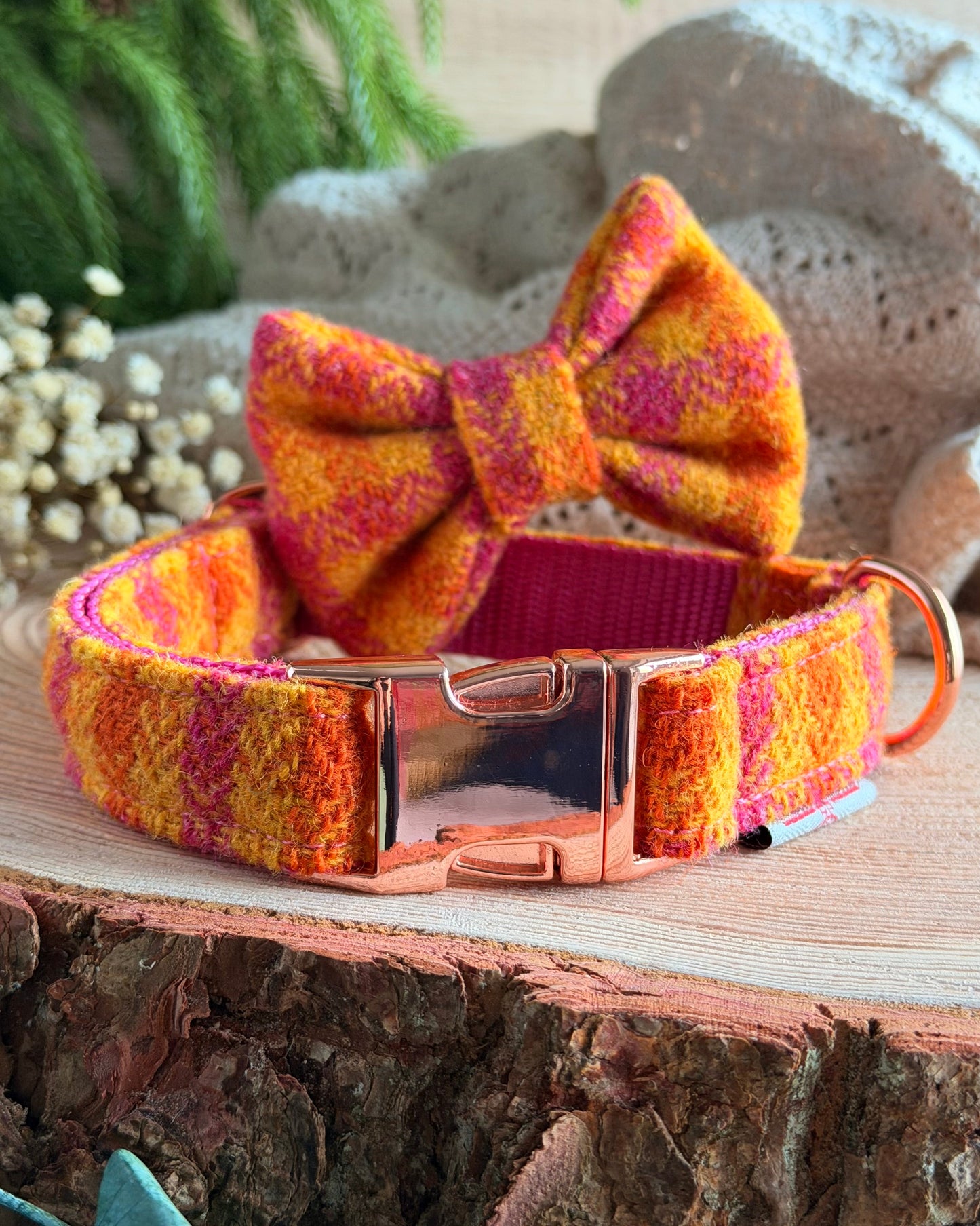 Harris Tweed® Fruit Salad Sorbert Orange Cerise Pink Tweed Dog Collar Bow & Lead Set (Copy) Dash Of Hounds
