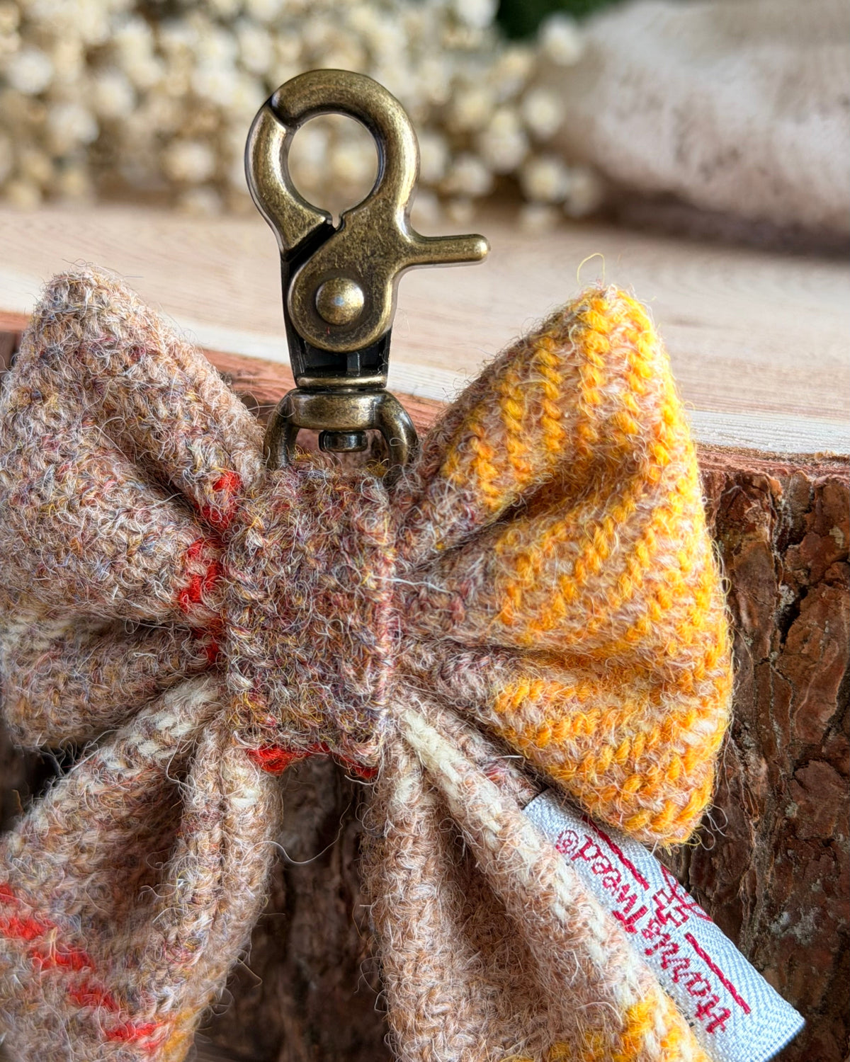 Harris Tweed® Bow Keyring | Bag Charm | Natural Yellow Check Dash Of Hounds