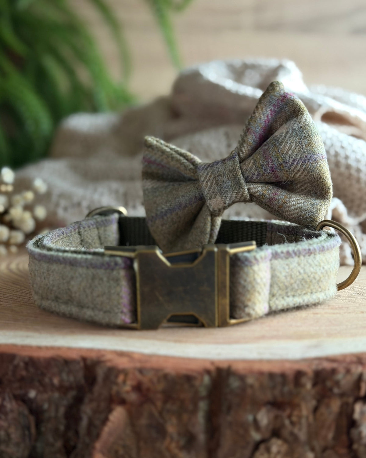 Meadow Green Tweed Dog Collar Bow & Lead Set Dash Of Hounds