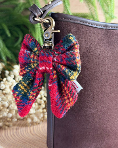 Harris Tweed® Bow Keyring | Bag Charm | Red Tartan Check Dash Of Hounds