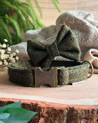 Harris Tweed® Moss Green Herringbone Dog Collar Bow & Lead Set Dash Of Hounds