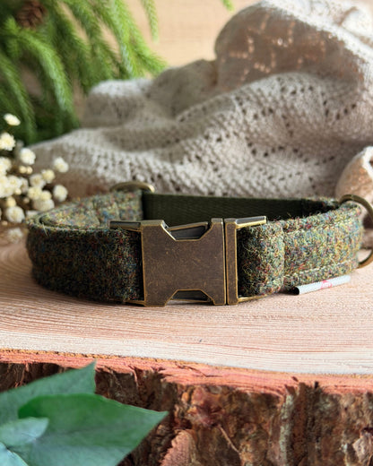 Harris Tweed® Moss Green Herringbone Dog Collar Bow & Lead Set Dash Of Hounds