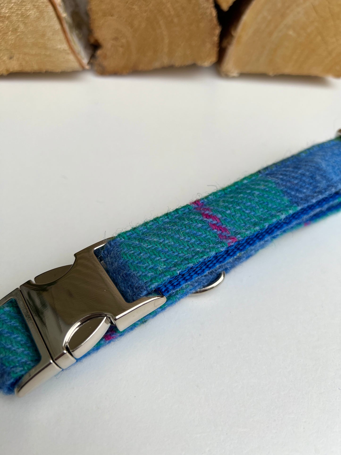 Harris Tweed® Tropical Sunset Blue Turquoise Pink Dog Collar Bow & Lead Set Dash Of Hounds