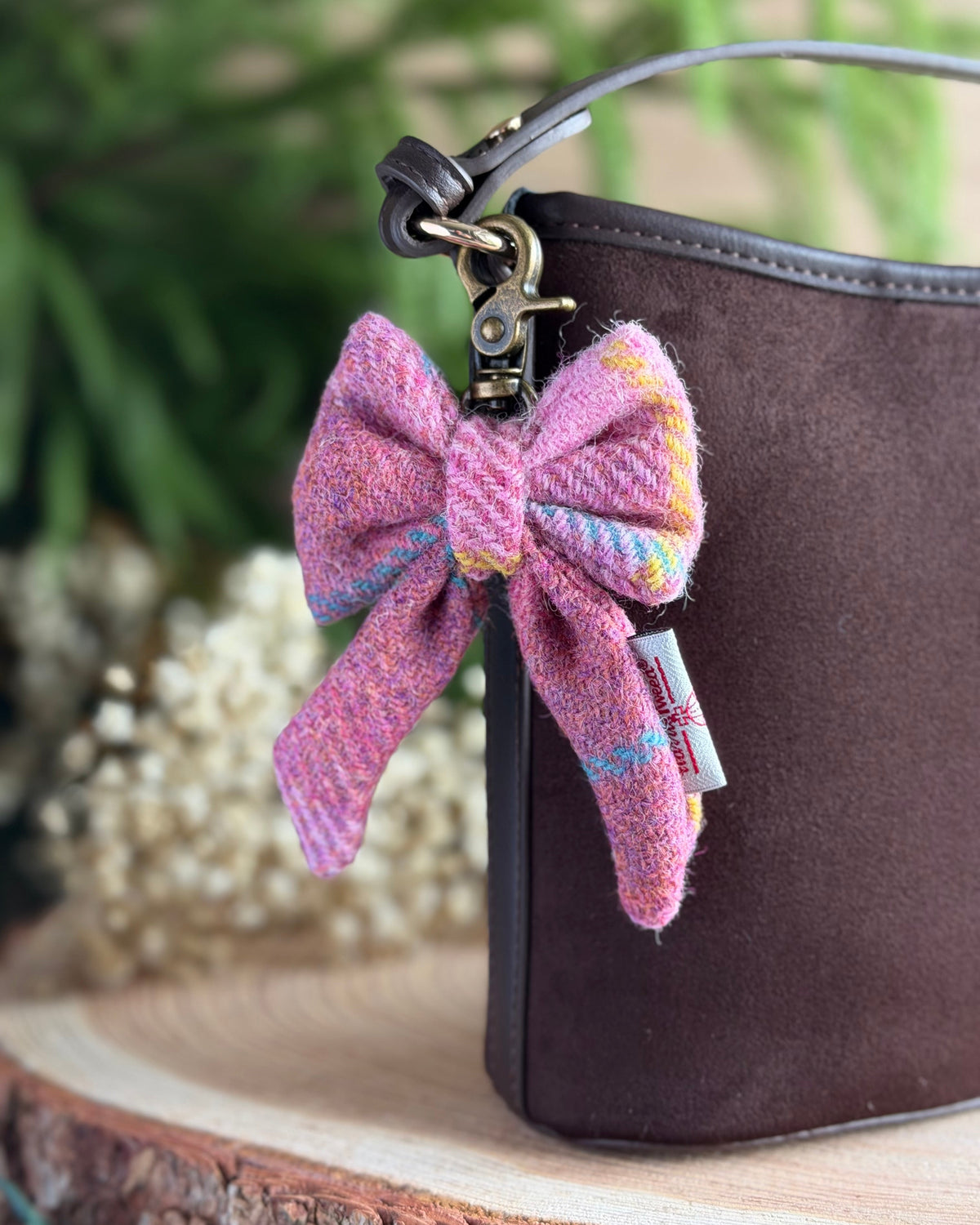 Harris Tweed® Bow Keyring | Bag Charm | Rose Pink Check Dash Of Hounds