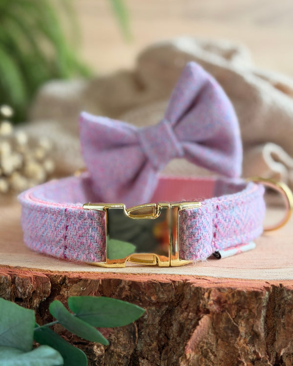 Harris Tweed® Heather Mist Pink Lilac Tweed Dog Collar Bow & Lead Set (Copy) Dash Of Hounds