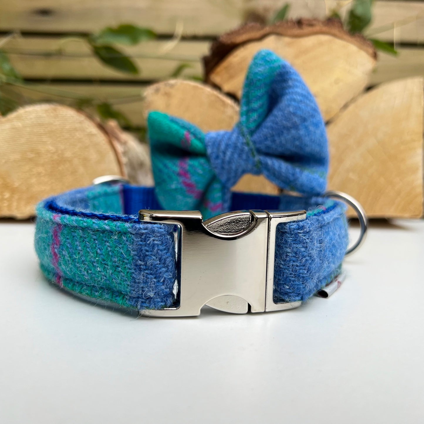 Harris Tweed® Tropical Sunset Blue Turquoise Pink Dog Collar Bow & Lead Set Dash Of Hounds