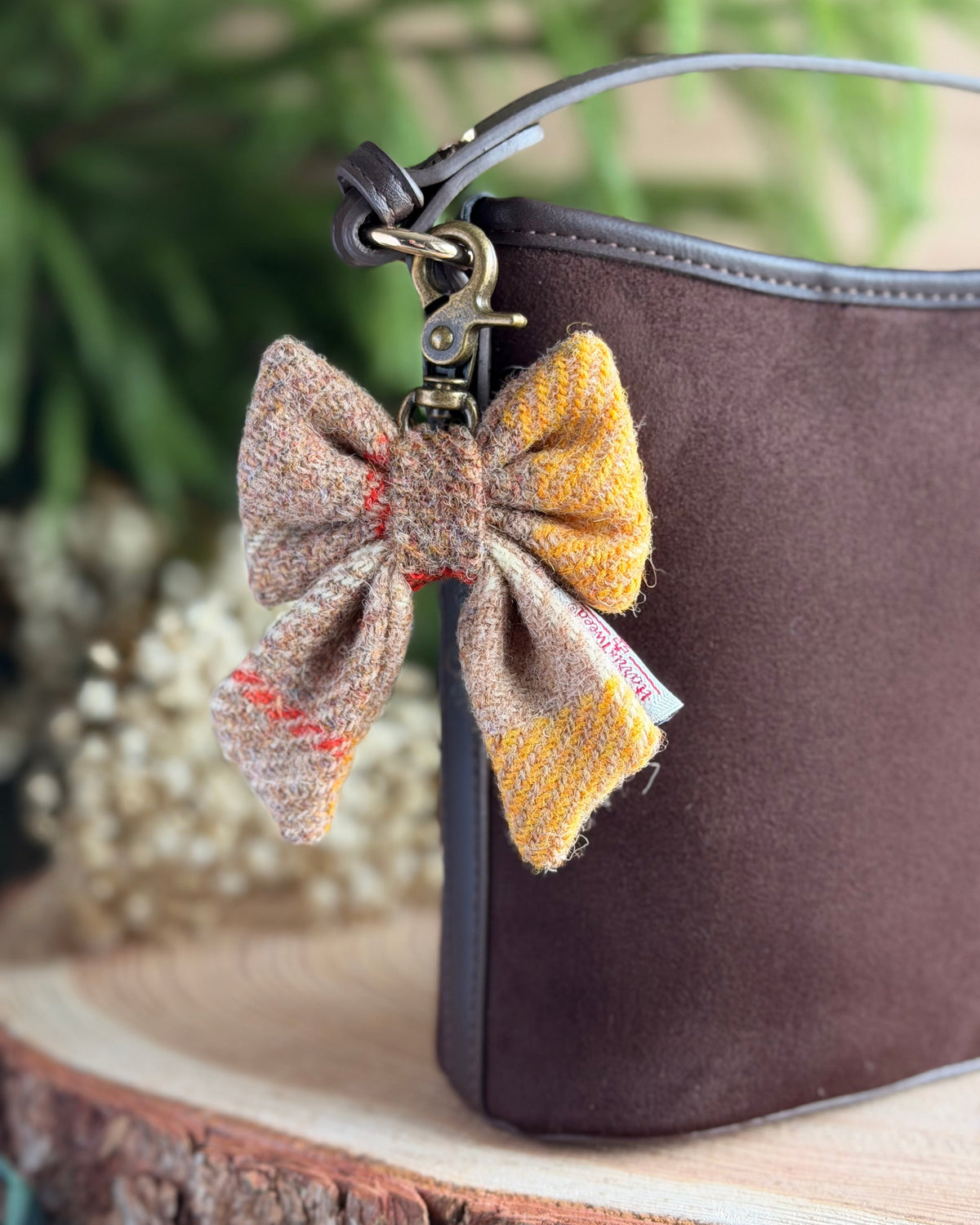 Harris Tweed® Bow Keyring | Bag Charm | Natural Yellow Check Dash Of Hounds