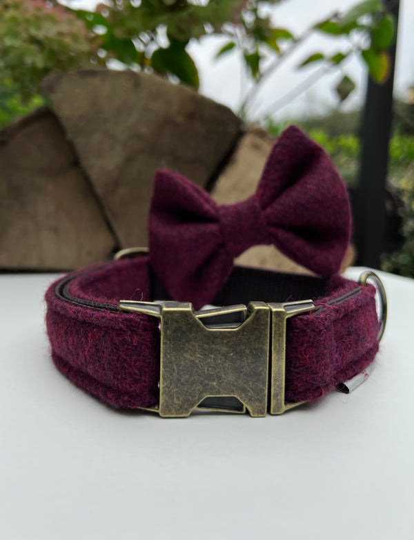 Harris Tweed® Autumn Berry Tweed Dog Collar Bow & Lead Set Dash Of Hounds