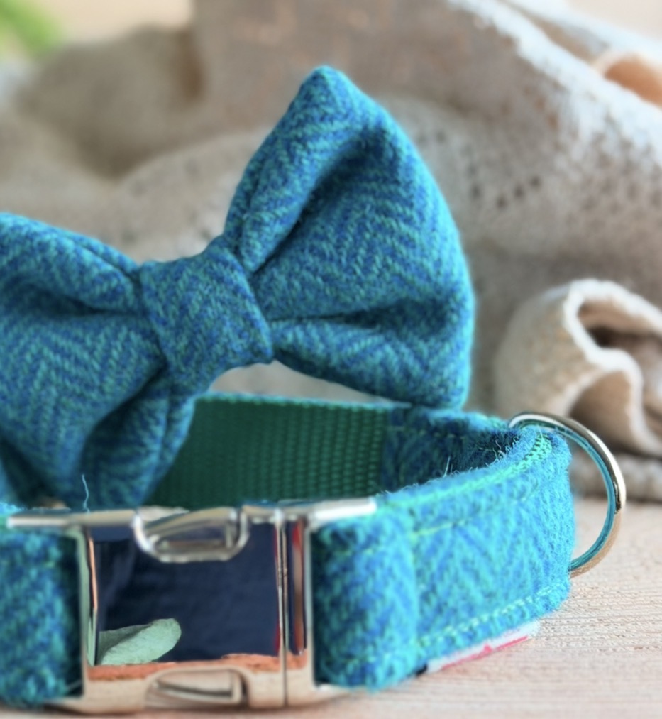 Harris Tweed® Peacock Blue Turquoise Herringbone Dog Collar Bow & Lead Set Dash Of Hounds