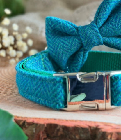Harris Tweed® Peacock Blue Turquoise Herringbone Dog Collar Bow & Lead Set Dash Of Hounds