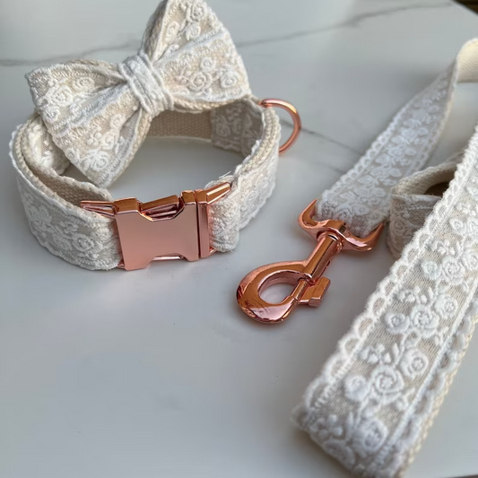White Lace Wedding Dog Collar, Bow and Lead Set Dash Of Hounds