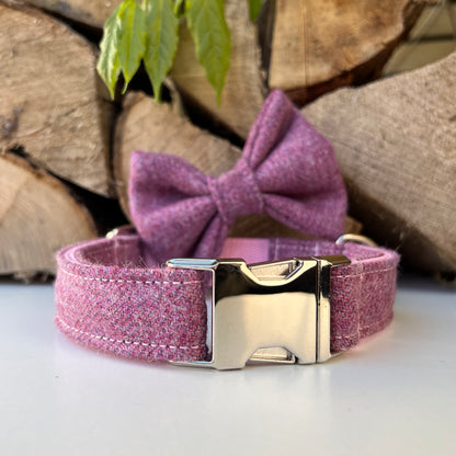 Sherbert Pink Tweed Dog Collar Bow & Lead Set Dash Of Hounds