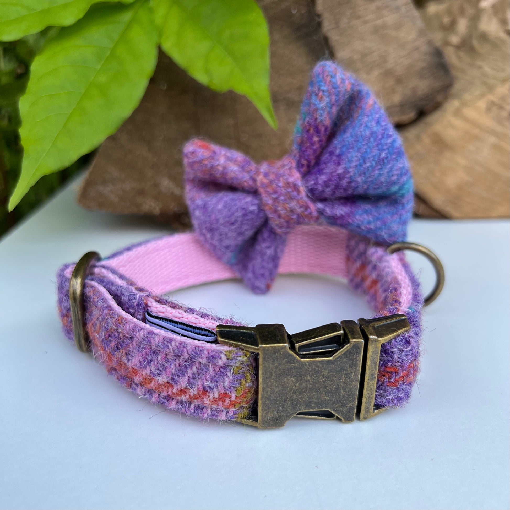 Harris Tweed Pink Purple Tweed Dog Collar Bow Lead Set Dash