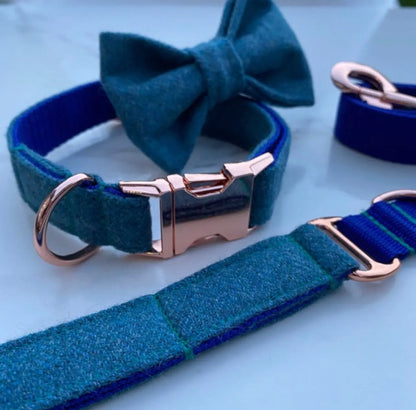 Aqua Marine Blue Tweed Dog Collar Bow & Lead Set