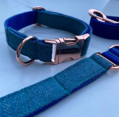 Aqua Marine Blue Tweed Dog Collar Bow & Lead Set