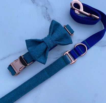 Aqua Marine Blue Tweed Dog Collar Bow & Lead Set