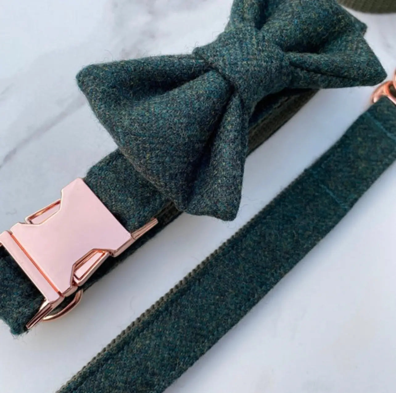 Teal Green Tweed Dog Collar Bow & Lead Set