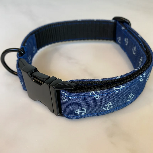 Blue Denim effect Anchor Dog Collar, Bow & Lead Set Hunter & Co.